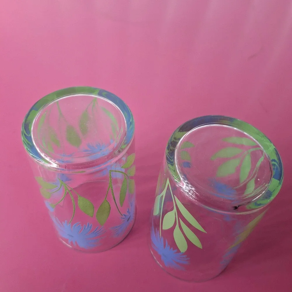 Vintage Swanky Swigs Blue‎ Cornflower Floral Juice Glasses Set of 2 Kraft MCM